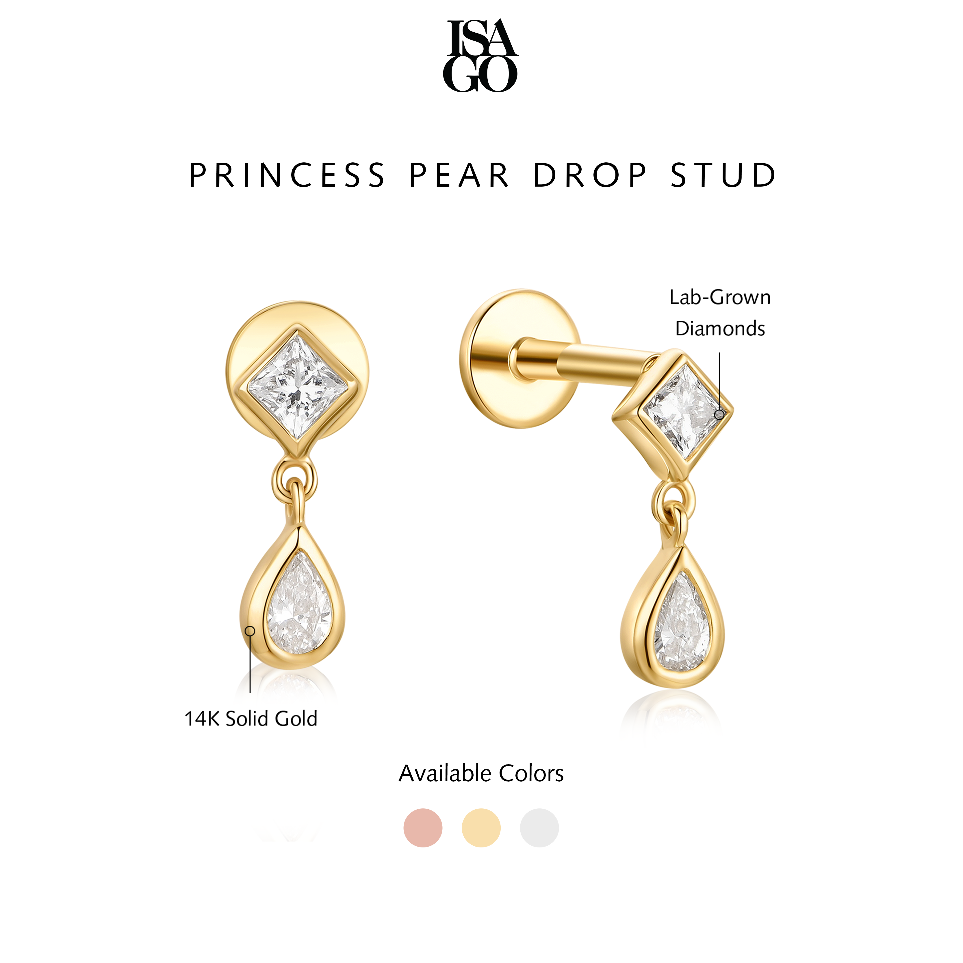 Princess Pear Gold Diamond Lab-Grown Earring | Princess Pear Drop Studs | ISAGO ...